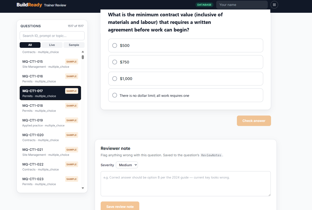 BuildReady trainer review app with a question and reviewer note panel