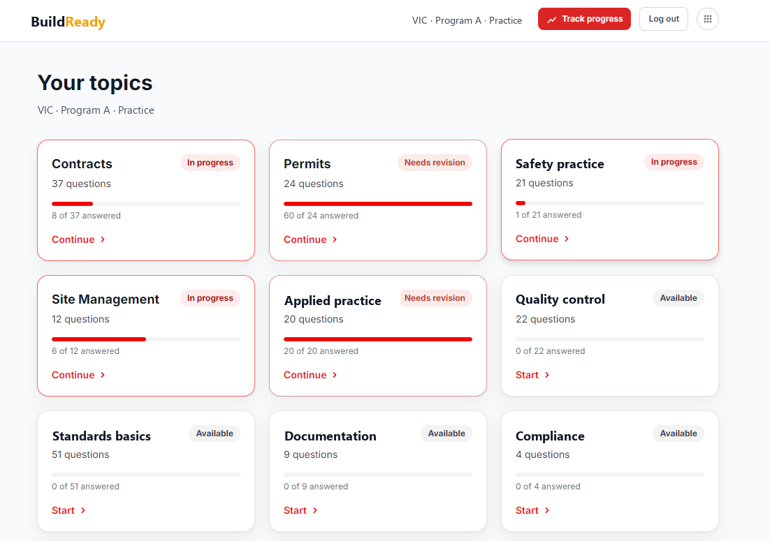 BuildReady topic picker with per-topic progress and status pills