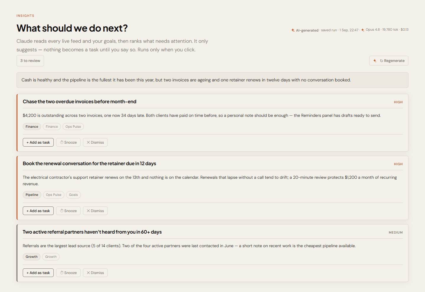 AM Ops Hub Insights tile — ranked recommendations, each citing the data behind it