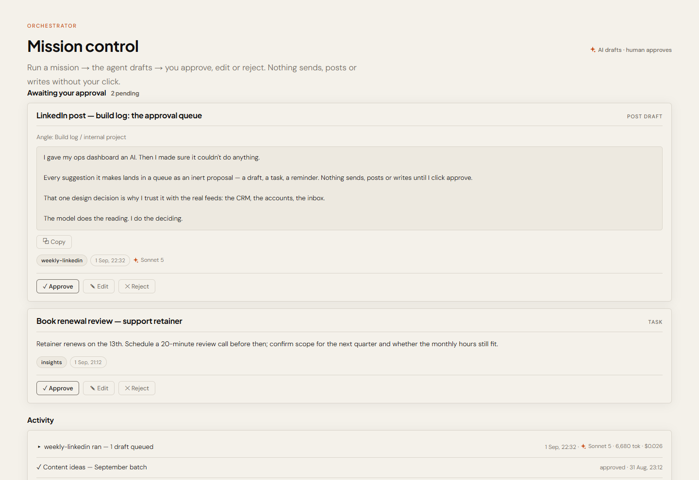 AM Ops Hub Orchestrator tile — queued proposals awaiting approve, edit or reject